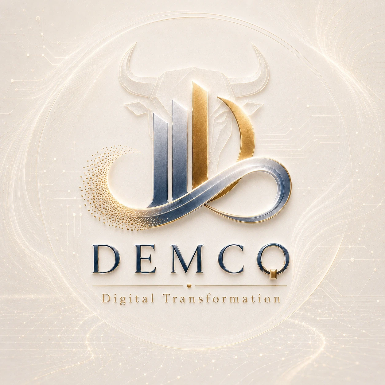 Elegant DEMCO logo symbolizing digital transformation with bull and infinity elements.