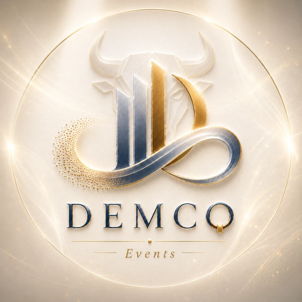 Elegant gold and silver logo for DEMCO Events with a bull silhouette.