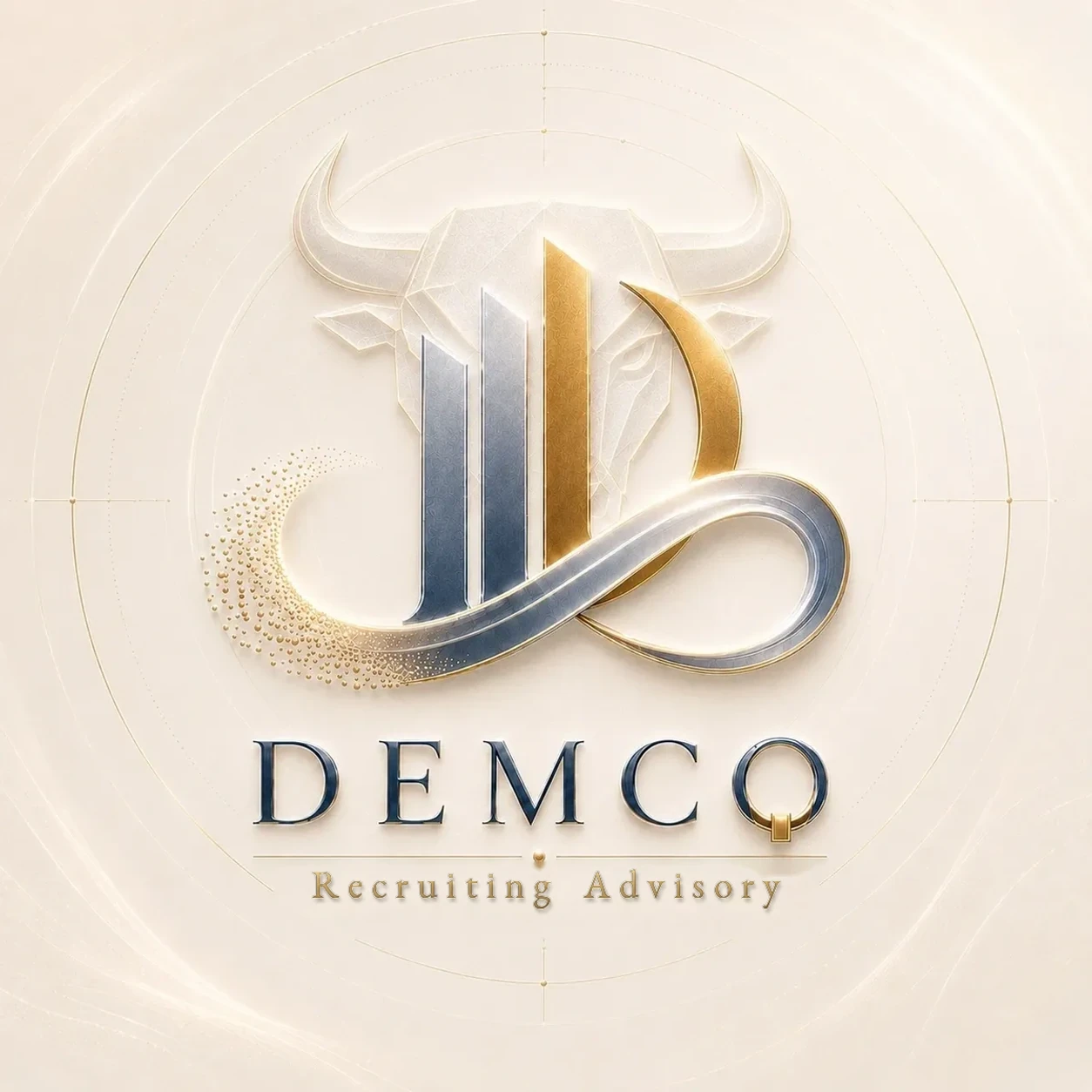 Elegant DEMCO Recruiting Advisory logo with bull and gold-silver tones.
